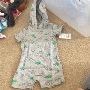 Gray Dinosaur Print Hooded Baby Romper